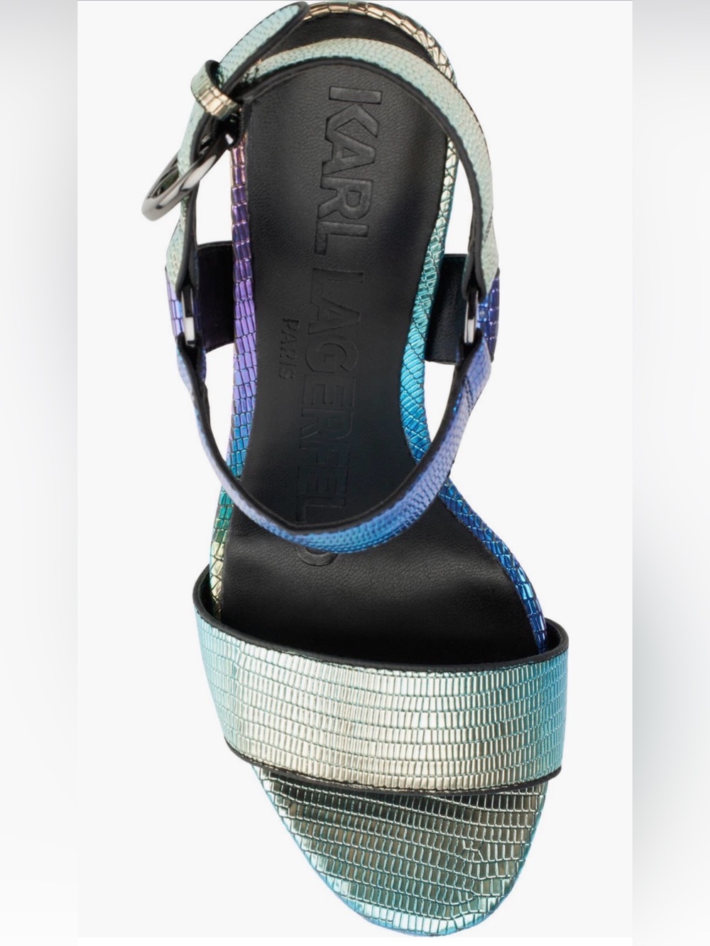 New In Box Karl Lagerfeld Iridescent Cieone Ankle Strap Sandal Heel Size 9.5